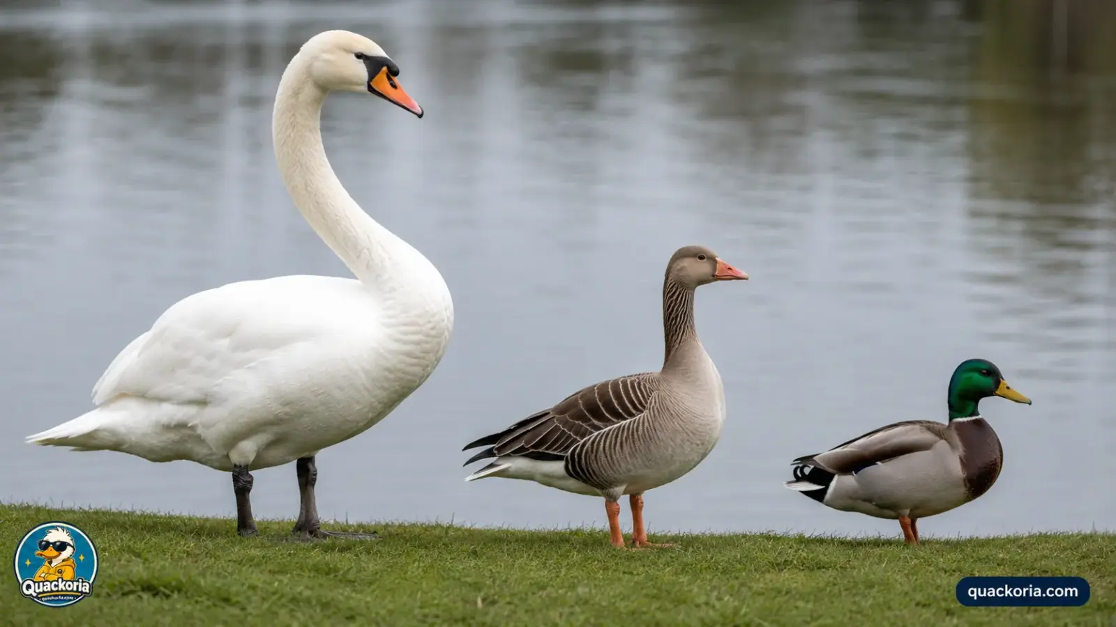 A swan, a goose and a duck standing side by side showing the difference in size and neck length