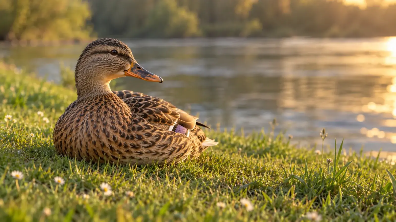 An adult mallard duck resting on a grassy riverbank in warm afternoon light