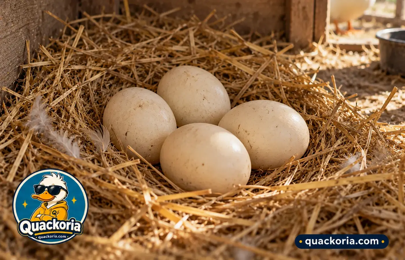 Four pale duck eggs in a straw nest on the ground inside a duck house