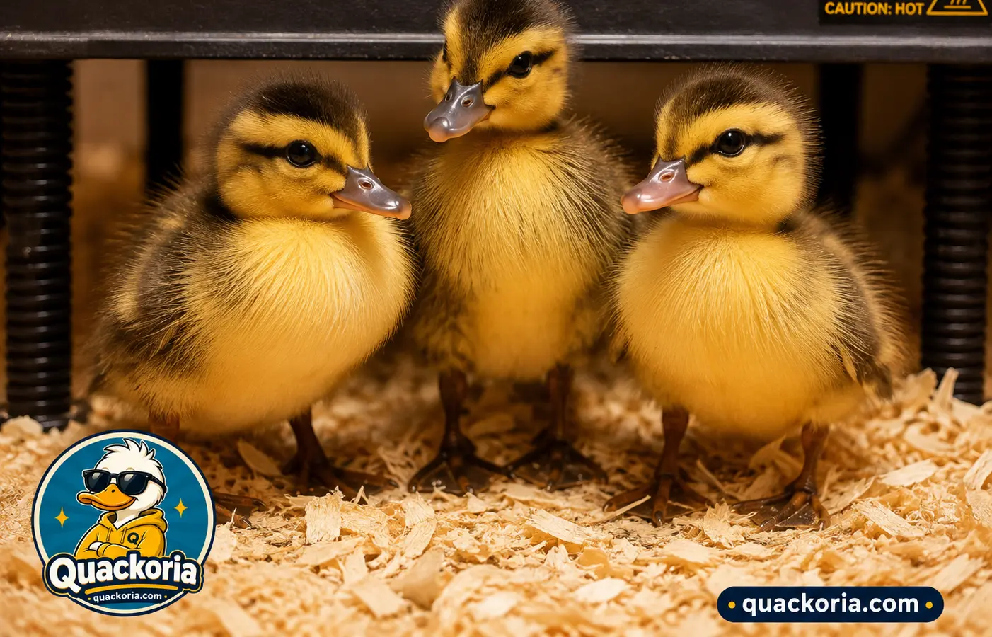 Three yellow ducklings standing close together on wood shavings.