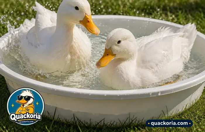Two white domestic ducks bathing in a shallow tub of clean water on grass
