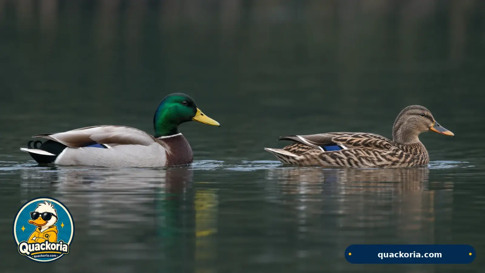 A male mallard with a green head swimming beside a mottled brown female mallard