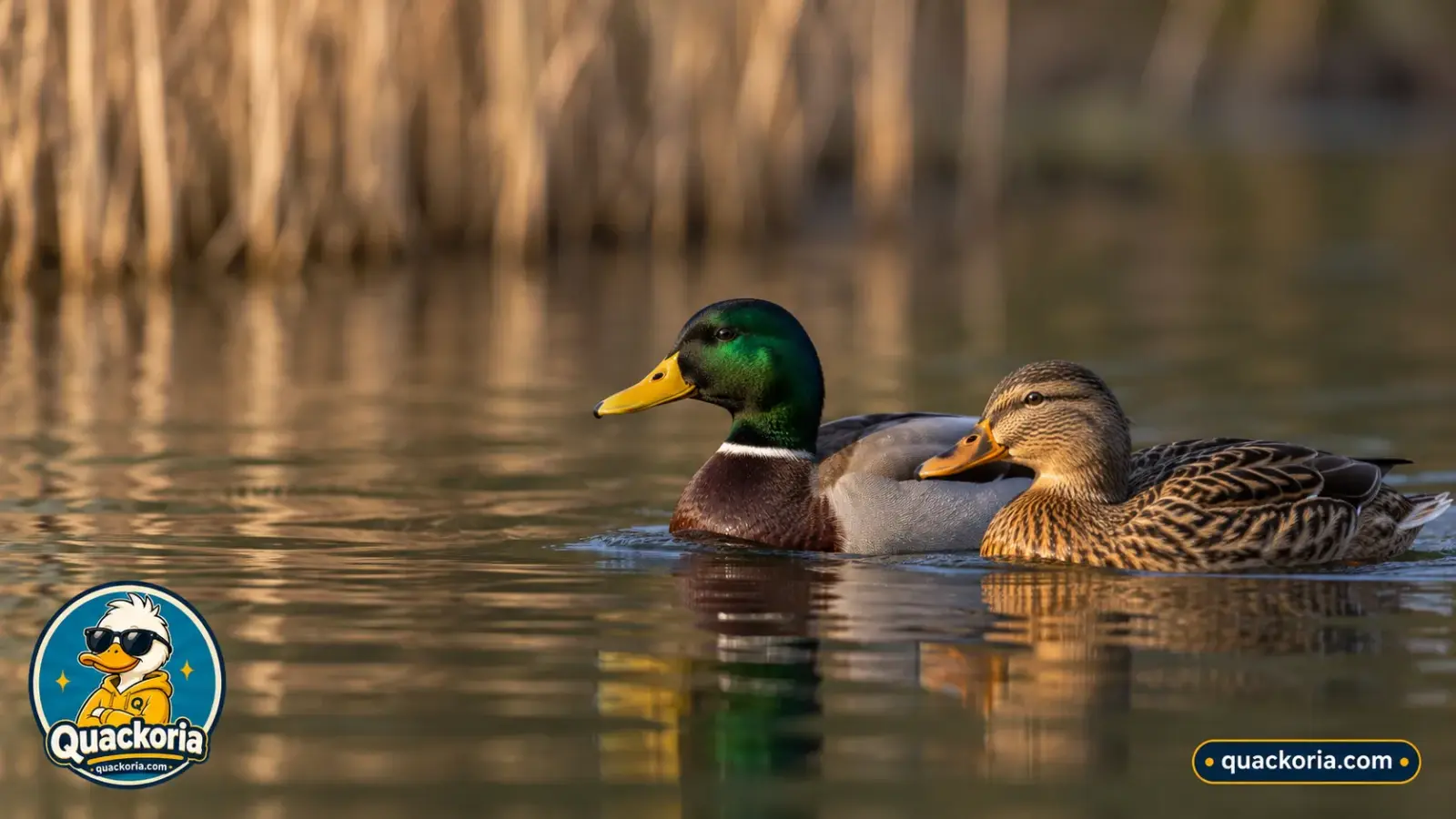 A pair of mallards swimming together on calm water in early spring