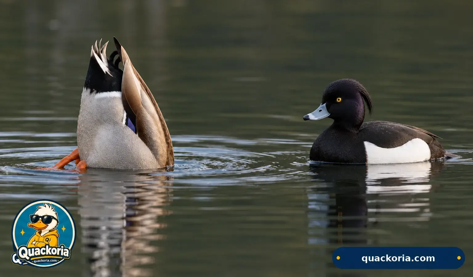 A tufted duck diving beneath the surface beside a mallard feeding with its tail up