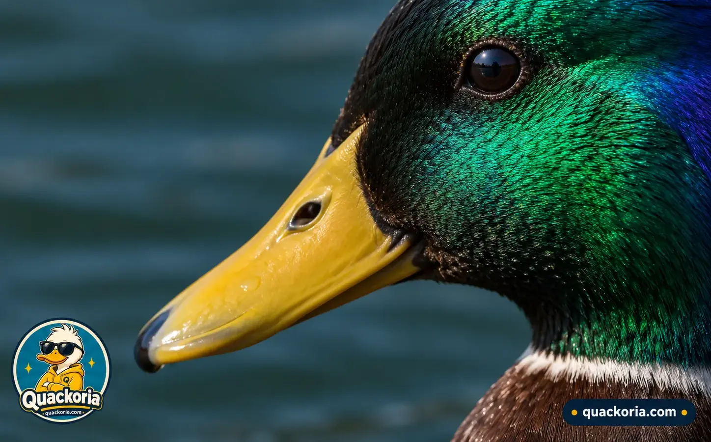 Close-up of a mallard's head in profile showing the eye set high on the side of the head