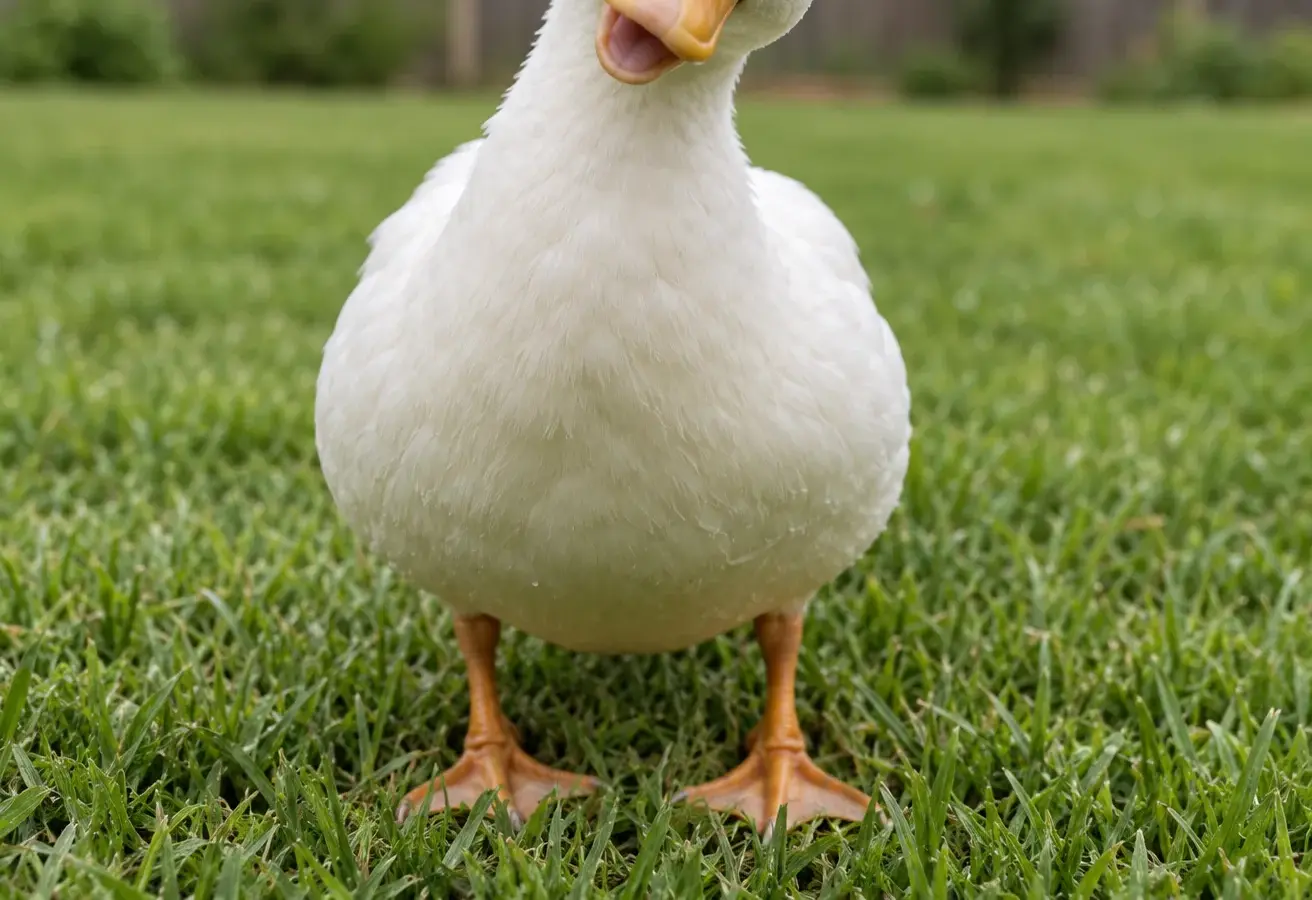 A white duck standing on green grass, facing the camera.