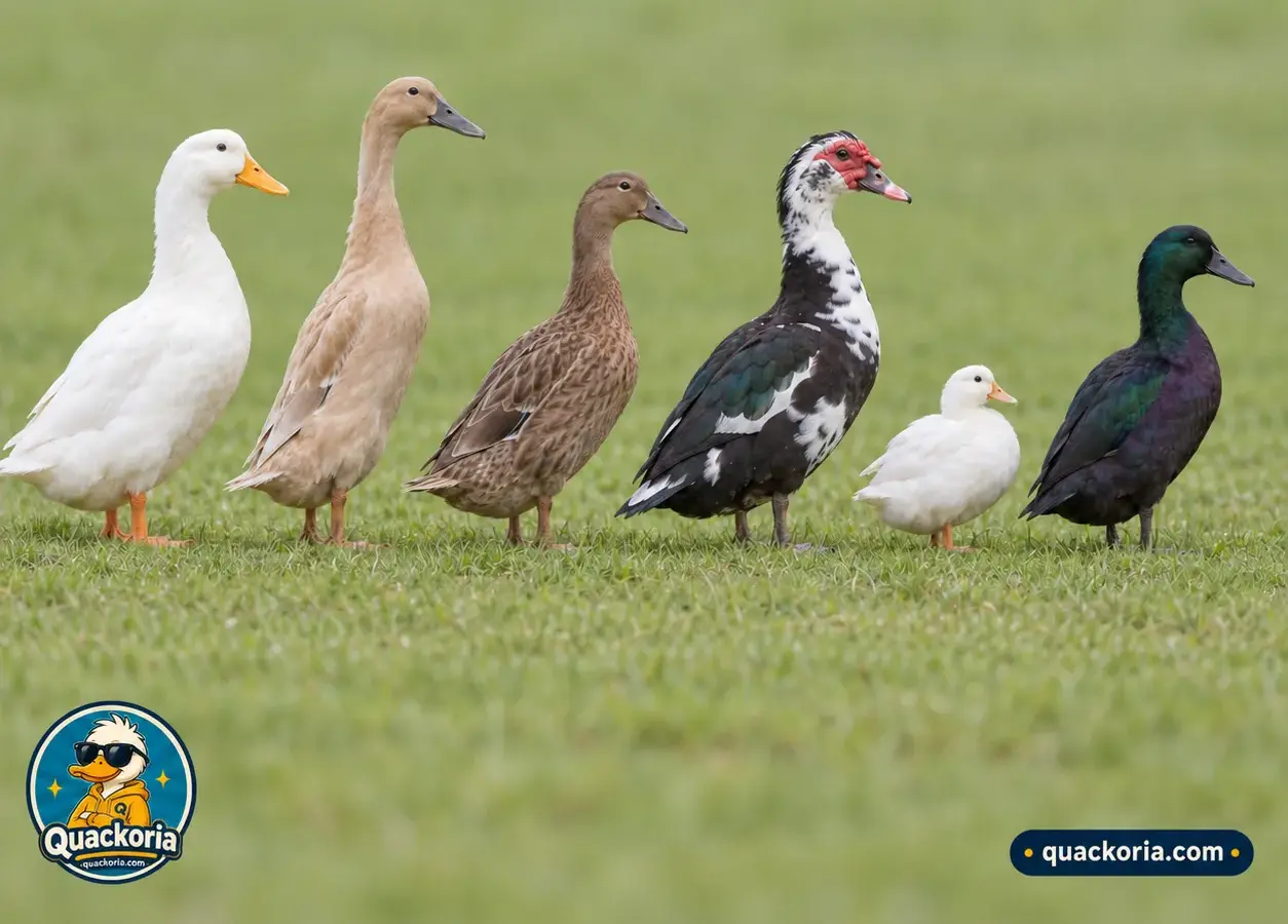 Six domestic duck breeds standing together on grass, differing in size and colour