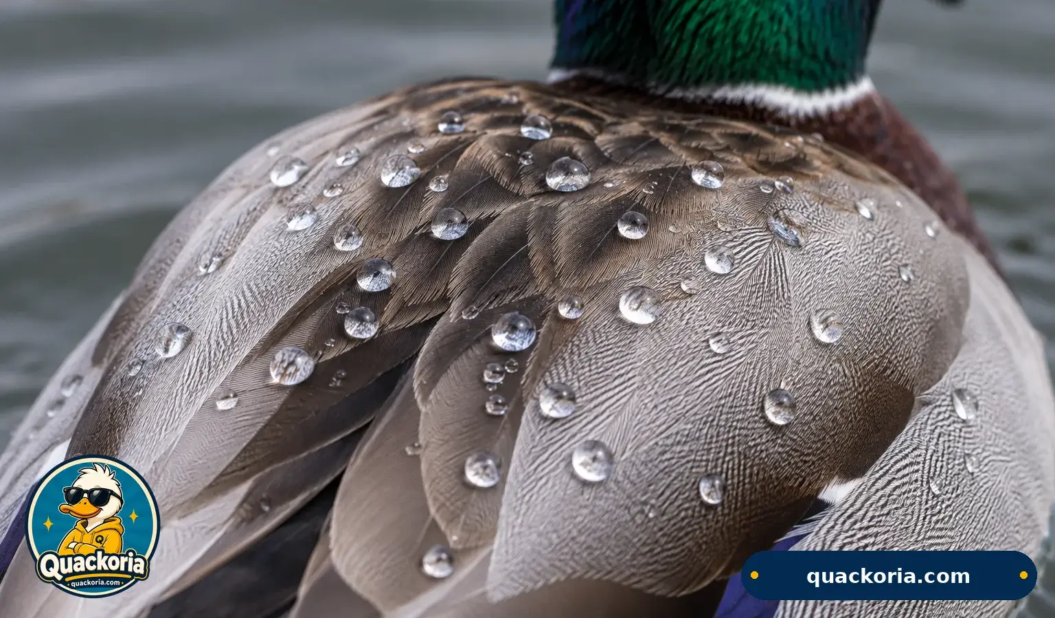 Water beading into round droplets on the back of a swimming mallard duck