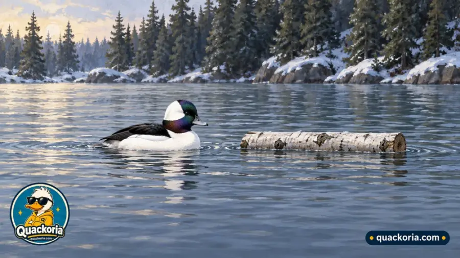 A male bufflehead with a large white patch on the back of its dark head floats on a calm winter cove in front of a forested shore.