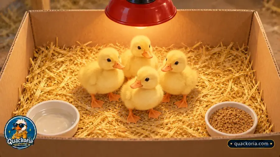 Four yellow ducklings on straw in a cardboard brooder box under a red heat lamp.