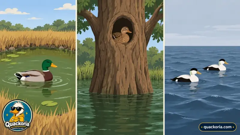 A three-panel illustration showing a duck on a prairie pond, a duck nesting in a tree hole above flooded ground, and two sea ducks on open water.