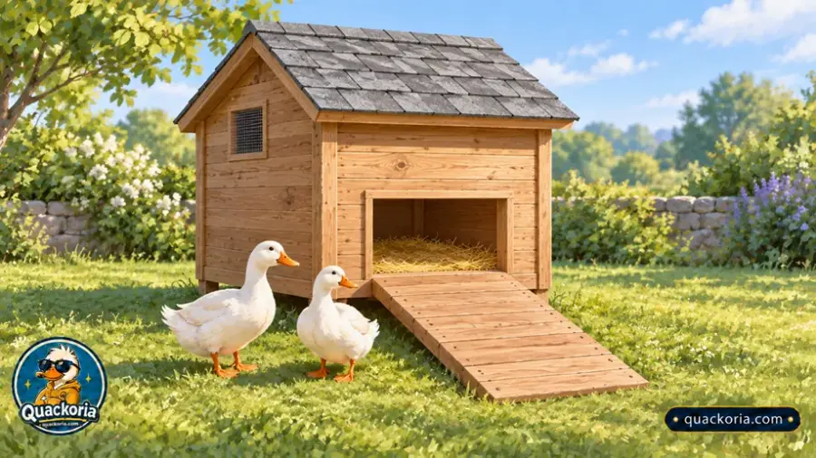 Three white ducks eating pellets from a shallow metal tray beside a bowl of water.