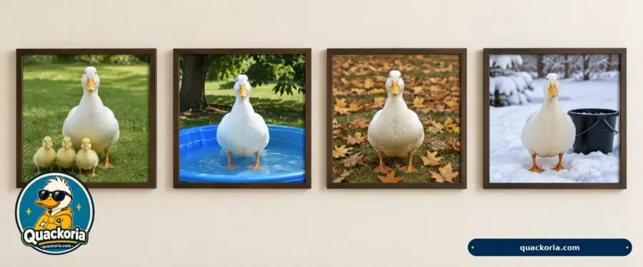 Ducks in a garden with seasonal signs of spring, summer, autumn and winter