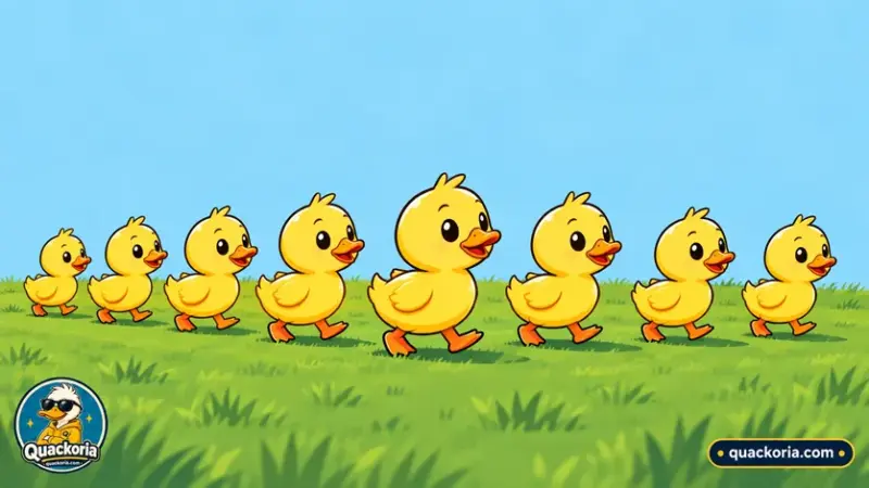 Seven yellow ducklings walking in a curved single-file line across short green grass.