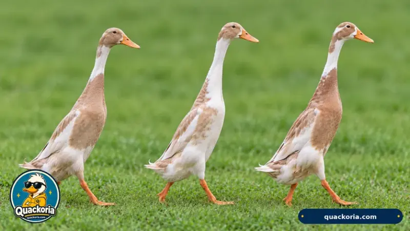 Three fawn-and-white Indian Runner ducks walking upright in a line