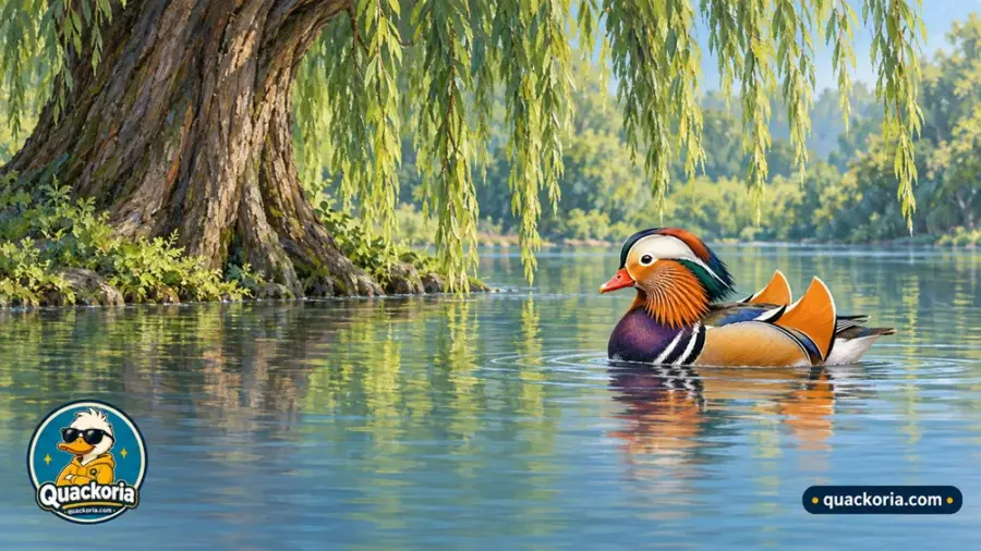 A male mandarin duck with orange face plumes, a purple chest and upright orange back feathers swims beneath a willow on a park lake.