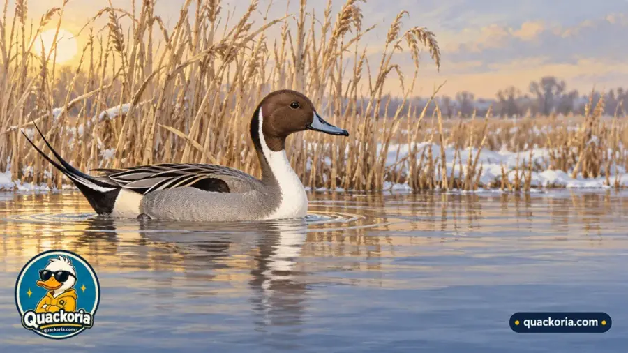 A male northern pintail with a chocolate-brown head, a white neck stripe and long black tail feathers swimming on a calm winter marsh in low sunlight.