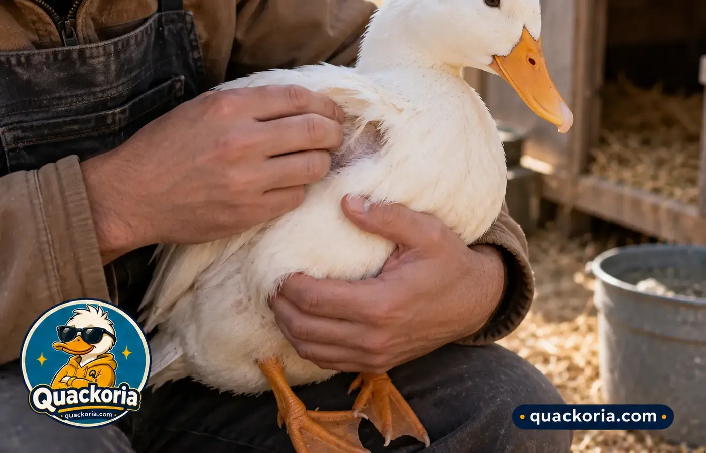 A person gently holding a white domestic duck while checking its condition