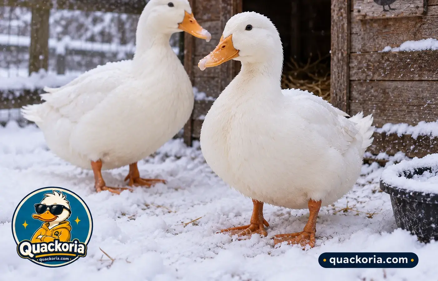 Domestic ducks standing on snow-covered ground beside a wooden shelter