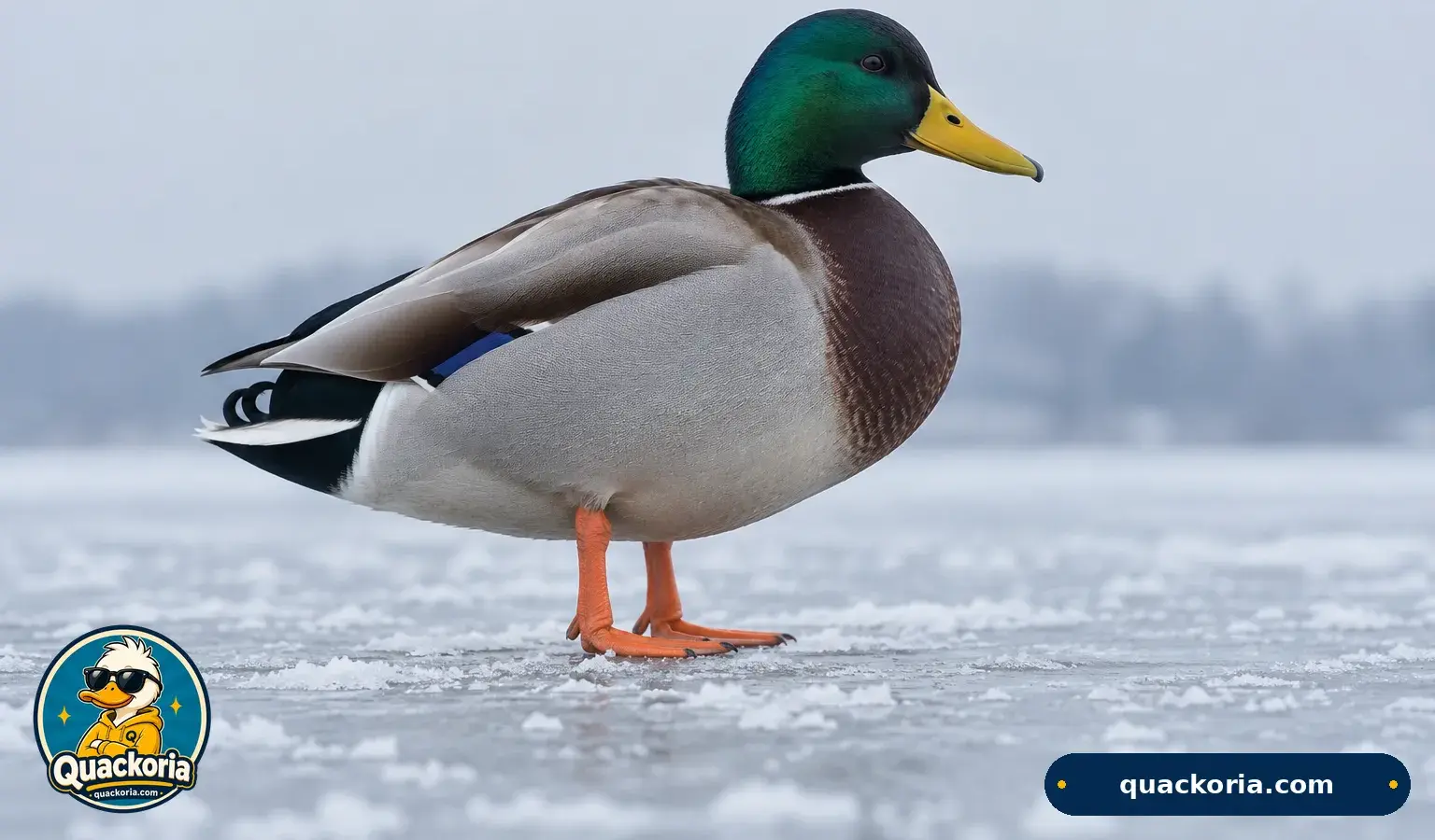 A mallard drake standing on ice on its bare orange feet.