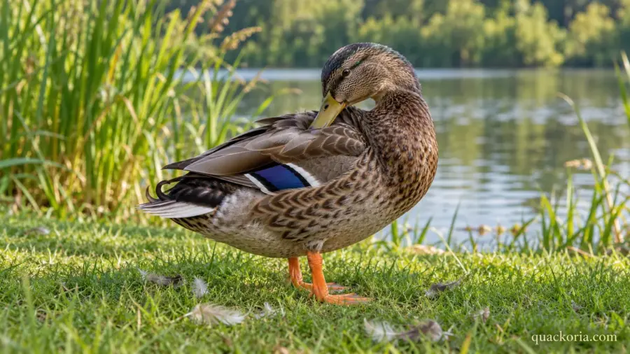A brown eclipse-plumaged male Mallard with a yellowish bill preens beside a few loose feathers at a quiet pond