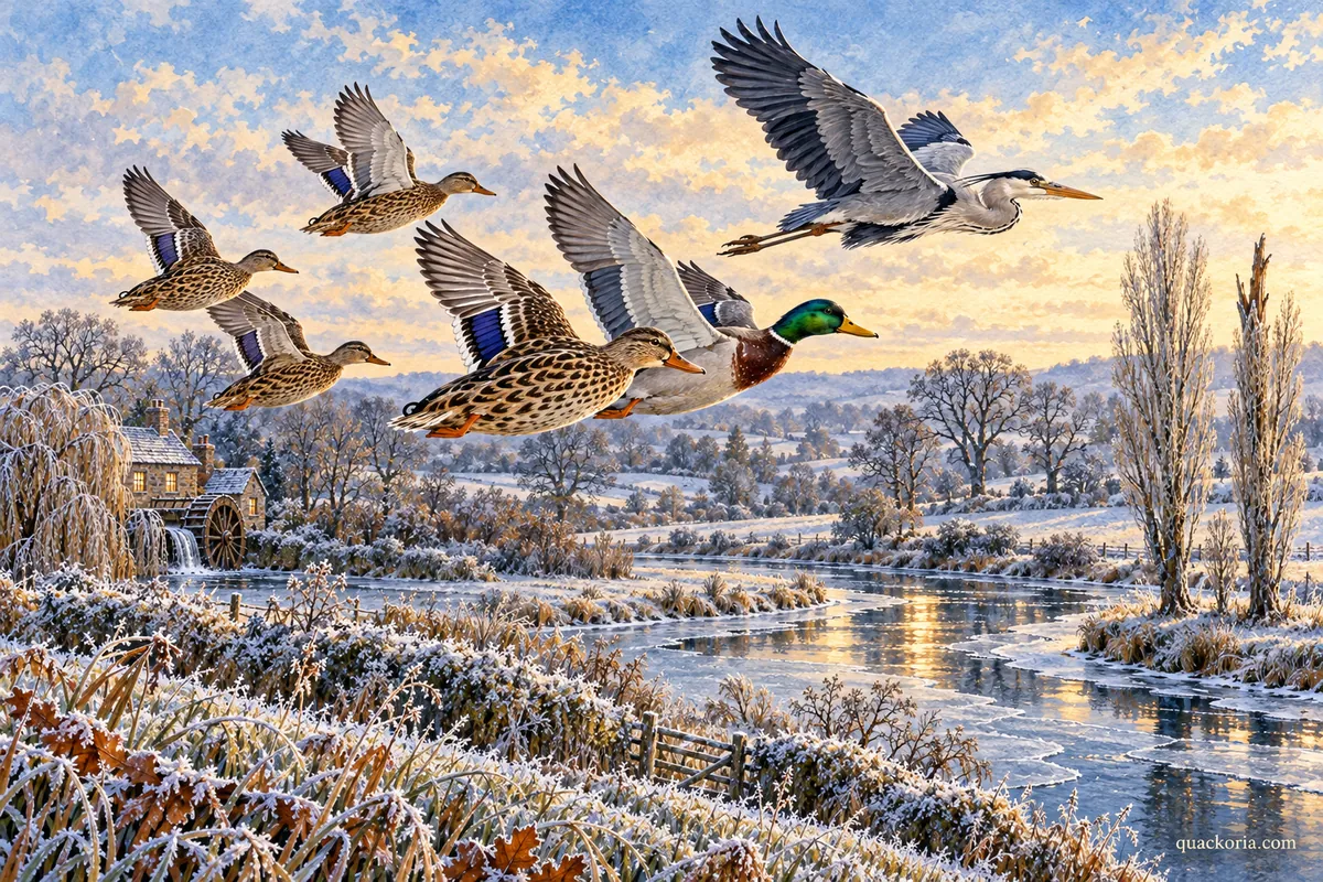 Five Mallards led by Nell and a Grey Heron fly above a frosty rise towards a river bend and two pale poplars