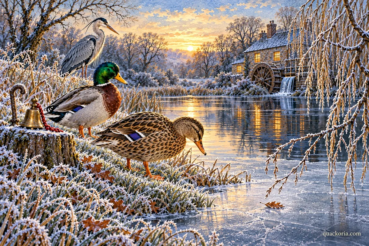 Nell watches thin ice beneath the bare willow while Pip waits on the frosty bank near the landing