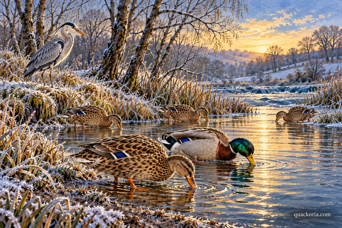 Nell, Pip and three brown Mallards feed in open shallow water at a sheltered river inlet while Gideon stands near alders
