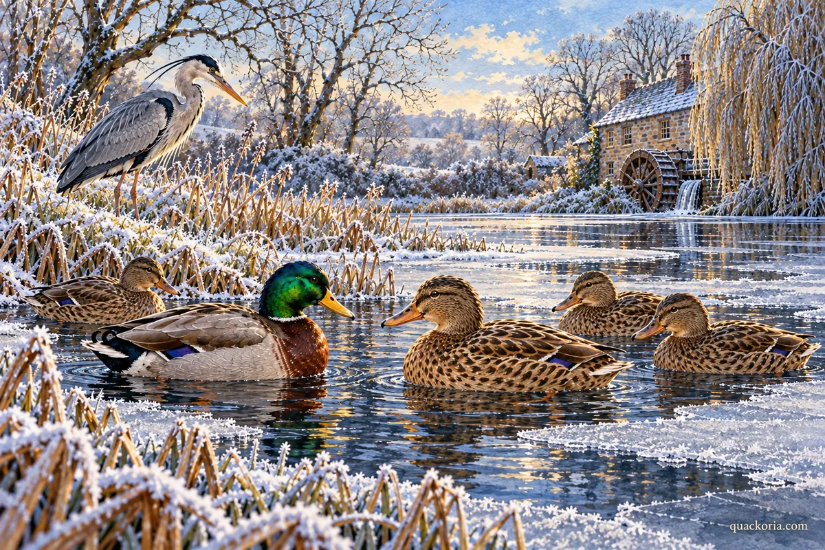 Nell, Pip and three brown Mallards gather in a narrow open feeding patch beside ice at the feeder stream