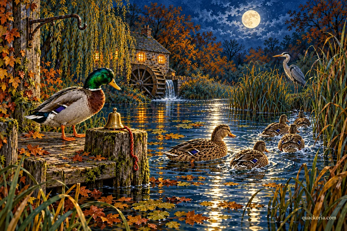 Pip stands beside the brass bell on its stump as Nell guides startled Mallards towards the reed shelter