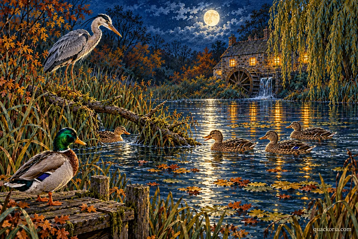 Gideon stands beside a gap in the reeds while Nell guides brown Mallards across the pond and Pip watches from the landing