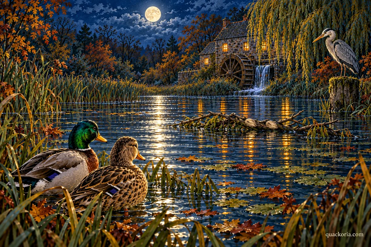 Pip and Nell look across moonlit water towards two pale knots on a floating branch beside the reeds
