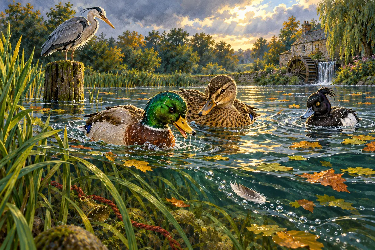 A wet Pip floats beside Nell while Toby and Gideon search storm-raised water near a trail of bubbles and a feather
