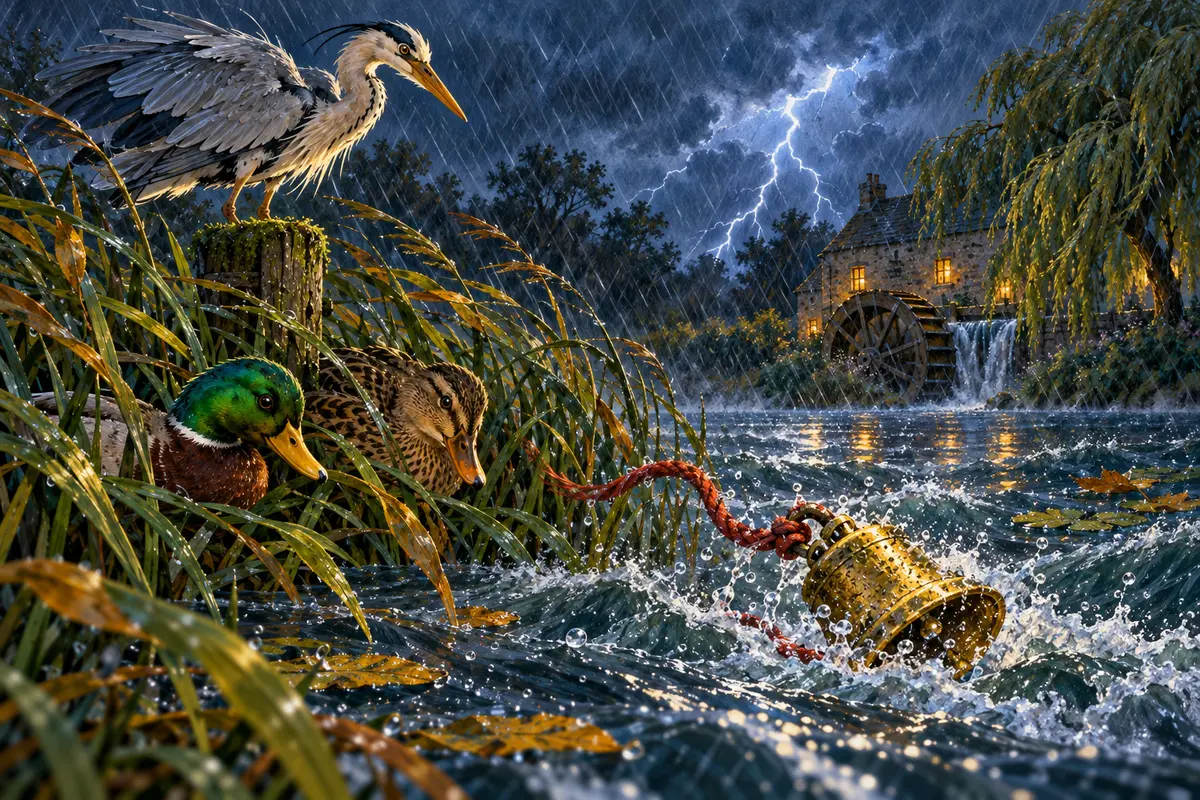 A brass bell with a red cord falls into Mill Pond during a lightning storm as Pip, Nell and Gideon shelter