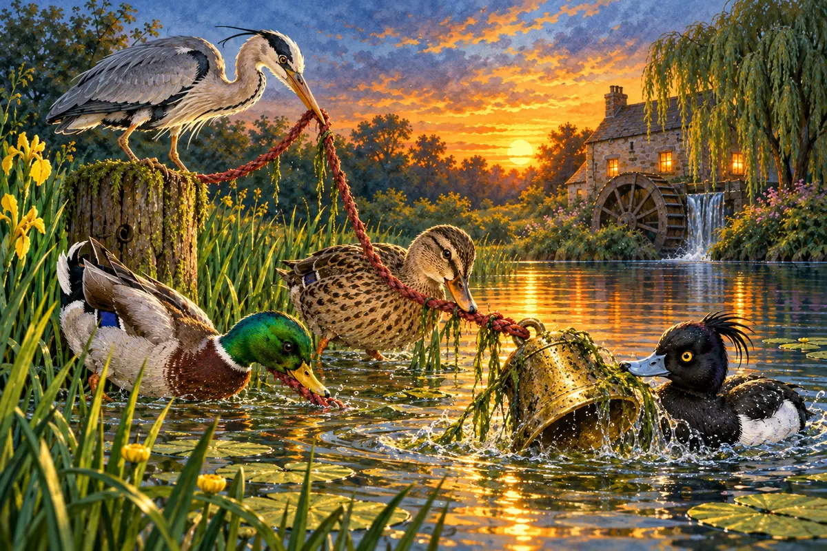 Pip, Nell, Toby and Gideon work together to pull a brass bell and its red cord from the shallow reeds