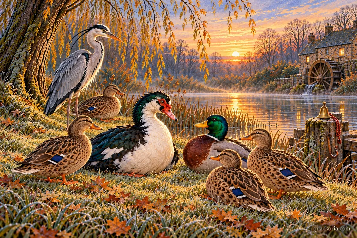 Rafael, Pip, Nell and three brown Mallards gather close beneath the willow while Gideon stands nearby at dawn