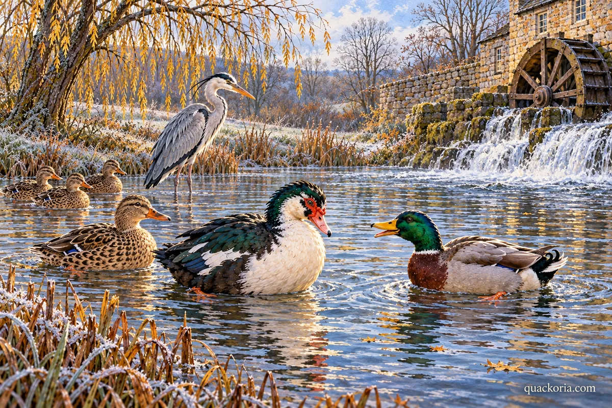 Rafael floats beside Pip and Nell below the stone mill wall while three brown Mallards wait nearby