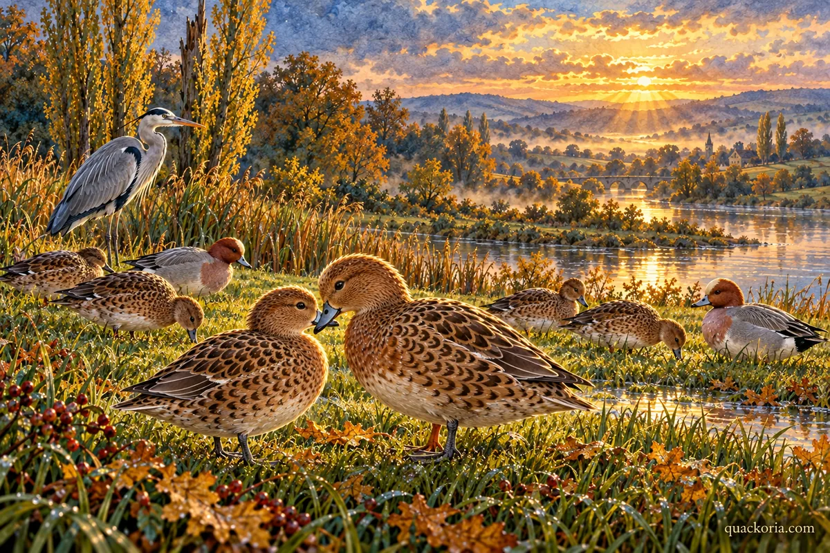Wren meets the older female Wigeon Mara on a grassy river margin among a small Wigeon flock as Gideon watches