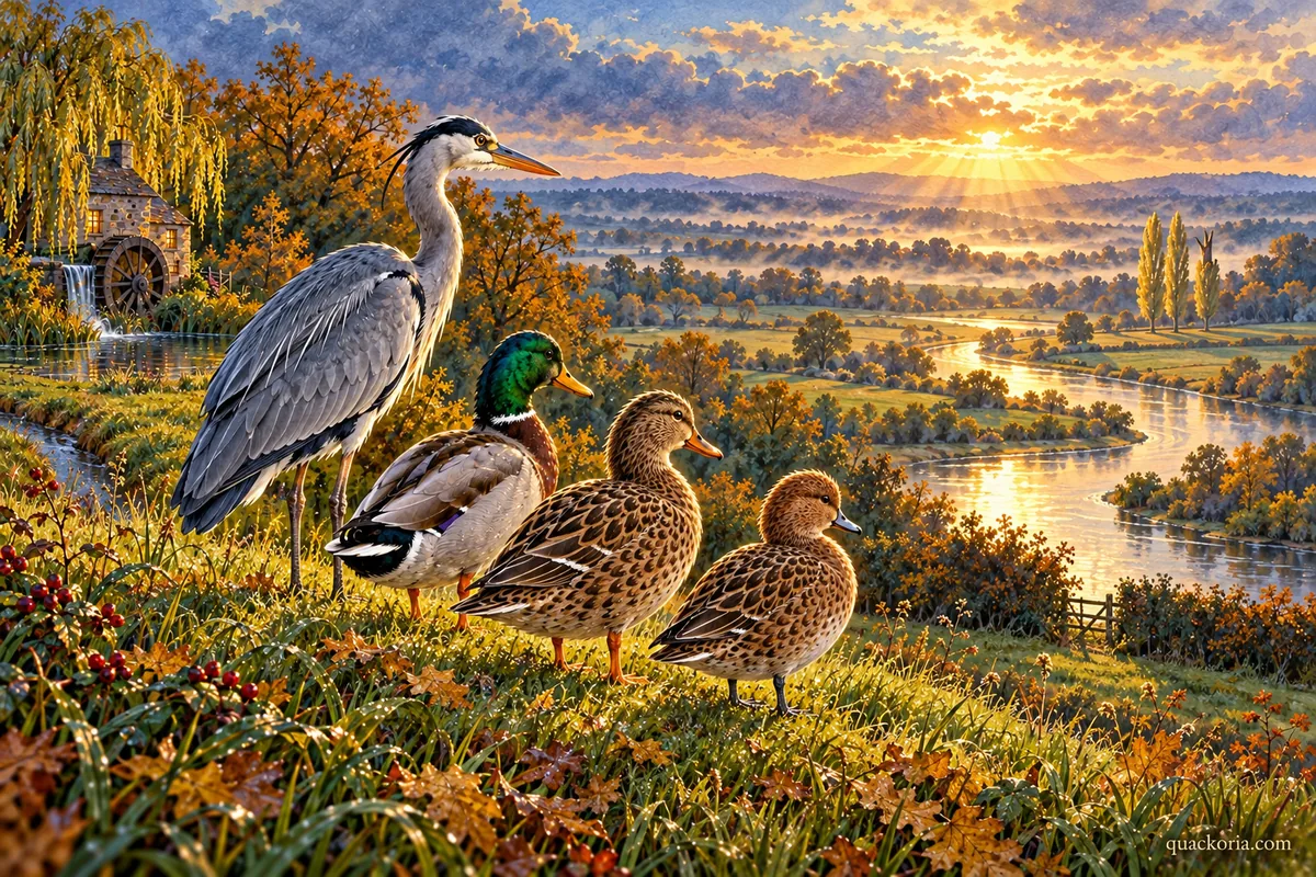 Wren, Pip, Nell and Gideon look from a grassy rise towards a river bend and two pale poplars
