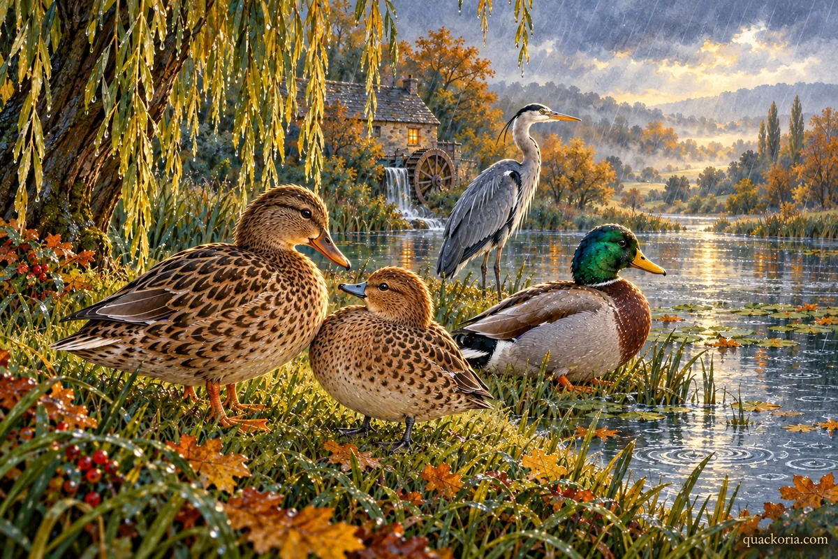 Wren and Nell shelter beneath a willow in rain while Pip and Gideon wait nearby at Mill Pond